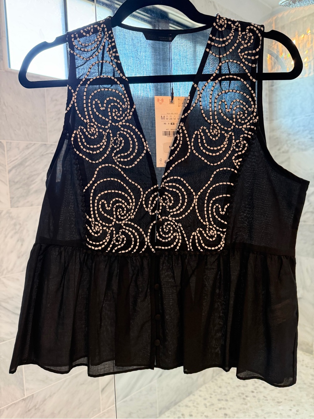 Zara Black Sleeveless Embroidered Peplum Top